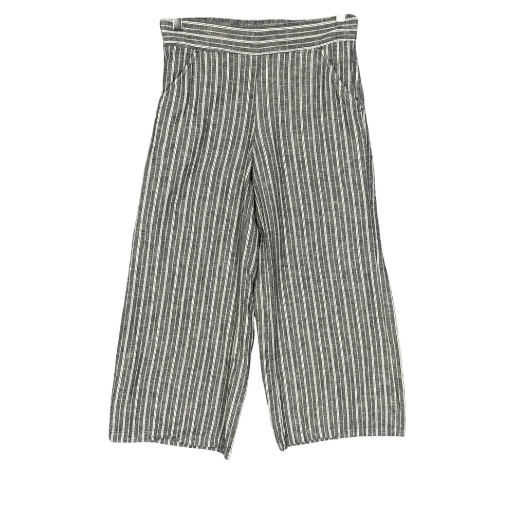 Max Studio Pants Womens Small Grey White Striped‎ Wide Leg Cropped Linen Blend
